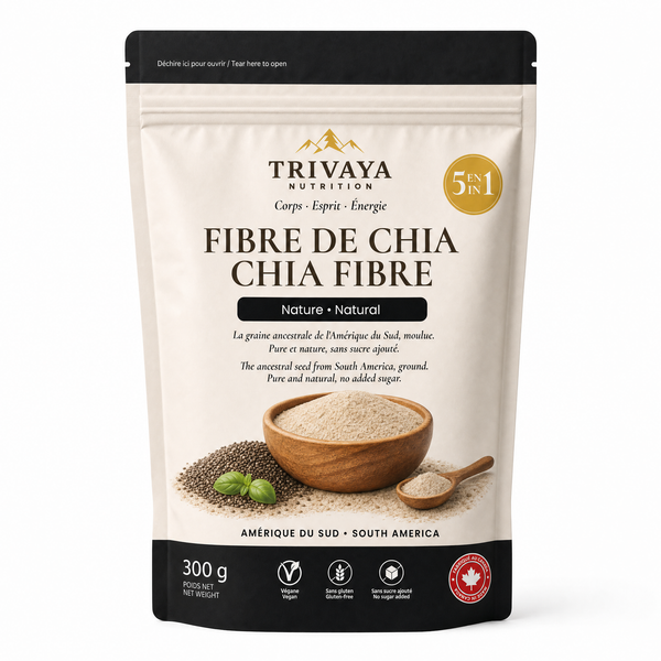 Sachet de Fibre de Chia 5 en 1 Trivaya, saveur Nature, 300 g, vu de face