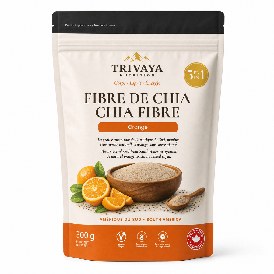 Sachet de Fibre de Chia 5 en 1 Trivaya, saveur Orange, 300 g, vu de face